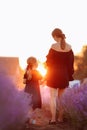 happy family concept. young mother with child daughter are walking in lavender field in sunset light. mom and child girl Royalty Free Stock Photo