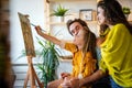 Happy family concept. Young parents with children painting together at home. People fun happyiness.