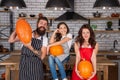 happy family cook halloween pumpkin together in kitchen, halloween