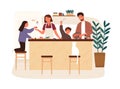 Happy family cooking dinner together in modern kitchen vector flat illustration. Parents and kids preparing lunch Royalty Free Stock Photo