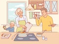 Happy family is cooking food. Cooking lunch together, young parents with child cook soup, mother, father and little son Royalty Free Stock Photo