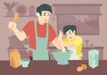 Happy family cooking. Little baby boy son and his dad cooking together.