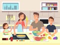 Happy family cooking. Mother and father with kids cook dishes in kitchen cartoon vector illustration Royalty Free Stock Photo