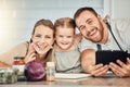 Happy family, cooking and parents with child in a kitchen to prepare a meal with online recipe in a home together