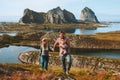 Happy family couple with baby mountain travel vacations outdoor Royalty Free Stock Photo