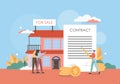 Happy family couple buying new home, signing contract with real estate agent, flat vector illustration. Royalty Free Stock Photo