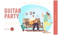 Happy Family Couple Home Party Landing Page Template. Man Playing Guitar, Woman Dance. Characters Weekend Sparetime