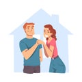 Happy Family Couple Inside Outline House, Abstract Real Estate, Smiling Young Man and Woman Buying or Renting New House Royalty Free Stock Photo