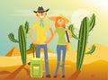 Happy Family Couple Traveling and Sightseeing, Young Man and Woman Posing in Desert Vector Illustration Royalty Free Stock Photo