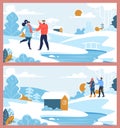 Happy Family Couple and Winter Suburb Rest Set Royalty Free Stock Photo