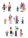 Happy family couples and children shopping, set of vector illustration isolated. Royalty Free Stock Photo