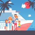 Happy family on cruise trip, vector illustration. Flat style cartoon characters, family with children arrived on