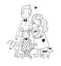 A happy family. Cute cartoon dad, mom, daughter and baby. Funny cat and dog. Pets