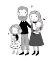 A happy family. Cute cartoon dad, mom, daughter and baby. Funny cat and dog. Pets Royalty Free Stock Photo