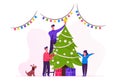 Happy Family Decorate Christmas Tree. Father Put Star on Top of Fir Tree, Daughter Son and Dog in Reindeer Hat Helping Royalty Free Stock Photo