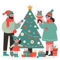 Happy Family Decorate Christmas Tree. Father Put Star on Top of Fir Tree, People Celebrating New Year and Xmas at Home. Royalty Free Stock Photo