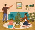 Happy family decorate christmas tree at home vector illustration. Parents with kid prepare house for festive season