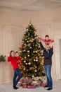 Happy family decorate the Christmas tree indoors together. Loving family. Merry Christmas and Happy Holidays