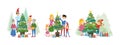 Happy family decorate Christmas tree set. Smiling mother, father, grandfather, grandmother, children Royalty Free Stock Photo