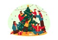 Happy family decorate New year tree, vector banner