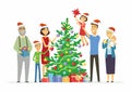 Happy family decorates Christmas tree - cartoon people characters illustration