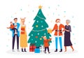 Happy family decorates Christmas tree. Holiday decorations and xmas garlands, people decorating 2020 New Year tree