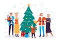 Happy family decorates Christmas tree. Holiday decorations and xmas garlands, people decorating 2020 New Year tree vector