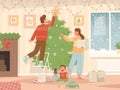 Happy family decorates Christmas tree at home. Dad, mom and child are preparing for the New Year holidays Royalty Free Stock Photo