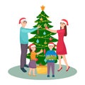 Family decorates Christmas tree. Mother, father, daughter and son in Christmas hats decorating fir tree, vector illustration