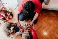 happy family decorating christmas tree at home Royalty Free Stock Photo