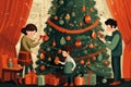 Happy family decorating the Christmas tree at home. Vector illustration, A family decorating a Christmas tree together, AI Royalty Free Stock Photo