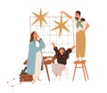 Happy family decorating home for Christmas. Mother, father and daughter child preparing DIY decoration, ornament for