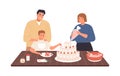 Happy family decorating homemade cake with whipped cream and strawberry vector flat illustration. Mother, father and son Royalty Free Stock Photo