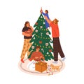 Happy family decorating Xmas fir tree at home. Mother, father and children, toddler during Christmas decoration for Royalty Free Stock Photo