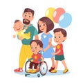 Happy family with disabled kid. Loving parents. Brother and cute baby. Smiling boy in wheelchair. Native people help and