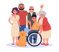 Happy family with disabled members. Cartoon smiling people, teen boy in wheelchair, parents and children together, blind