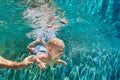 Happy family dive underwater with fun in swimming pool