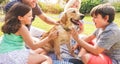 Happy family doing picnic in nature outdoor - Young parents having fun with children and their pet in summer time playing, Royalty Free Stock Photo