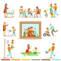 Happy Family Doing Things Together Illustration Surrounding Big Family Portrait Picture Royalty Free Stock Photo