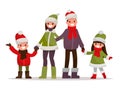 Happy family dressed in winter clothes on a white background. Vector illustration of a flat design Royalty Free Stock Photo
