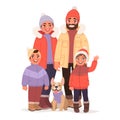 Happy family dressed in winter warm clothes. People in the north. Christmas Holidays