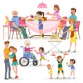 Happy family eating dinner at home, people eat food together, mom and dad treat grandfather sitting by dining table Royalty Free Stock Photo