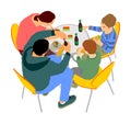 Happy family eating and drinking  together in fast food restaurant vector illustration. Parents and kids fun. Mother and father. Royalty Free Stock Photo