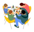 Happy family eating and drinking together in fast food restaurant vector illustration. Parents and kids fun. Royalty Free Stock Photo