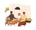 Happy family eating at table together, relaxing. Two fathers parents and adopted kids sons. Biracial homosexual men dads