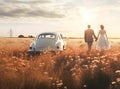 Happy family enjoying drive in their new electric car. Family road trip. summer holiday travel Royalty Free Stock Photo