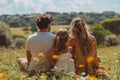 Family enjoying nature in a field of flowers under the sunny sky Royalty Free Stock Photo