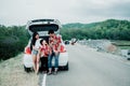 Happy family enjoying road trip and summer vacation with mountain background Royalty Free Stock Photo