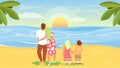 Happy family enjoying sunset at tropical beach vector illustration Royalty Free Stock Photo