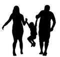 Happy family enjoying in walking vector silhouette illustration. Mother and father holding hands with his son. Kid play game. Royalty Free Stock Photo